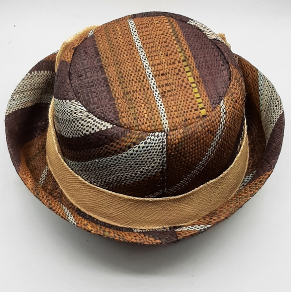 Beau Chapeau Hat Shop 100% Raphia Multicolored Brown Hat With Bow Like New - Picture 5 of 8